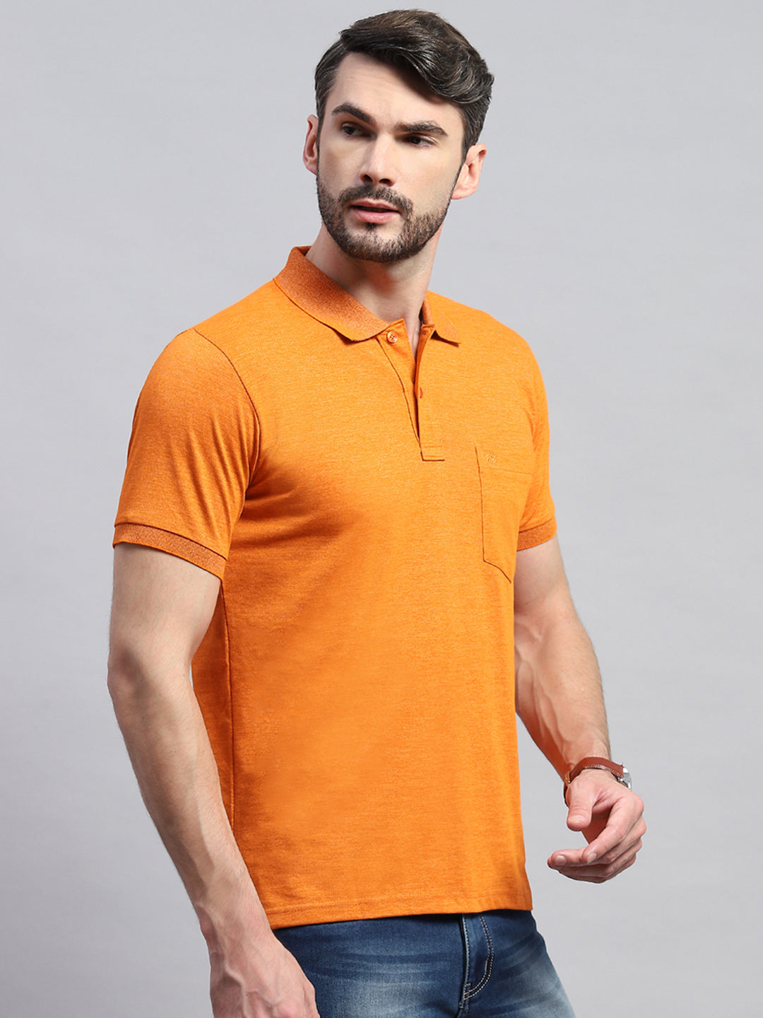 Men Orange Solid Collar Half Sleeve T-Shirt