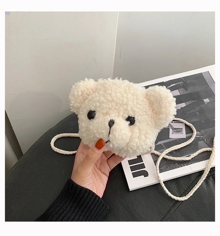 Women's Mini Plush Bear Solid Color Cute Round Zipper Crossbody Bag