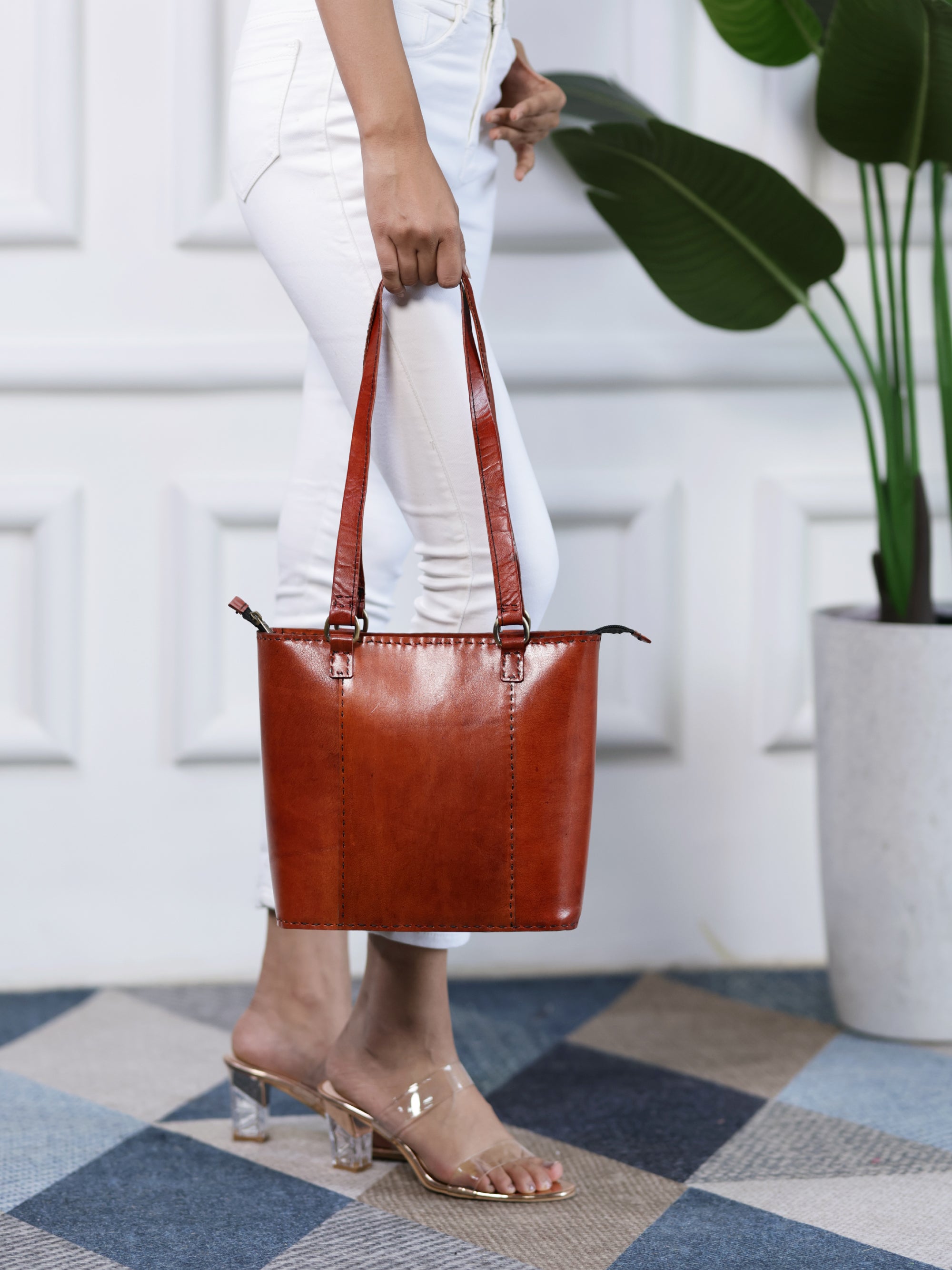 Solid Structure Tan Leather Mini Tote