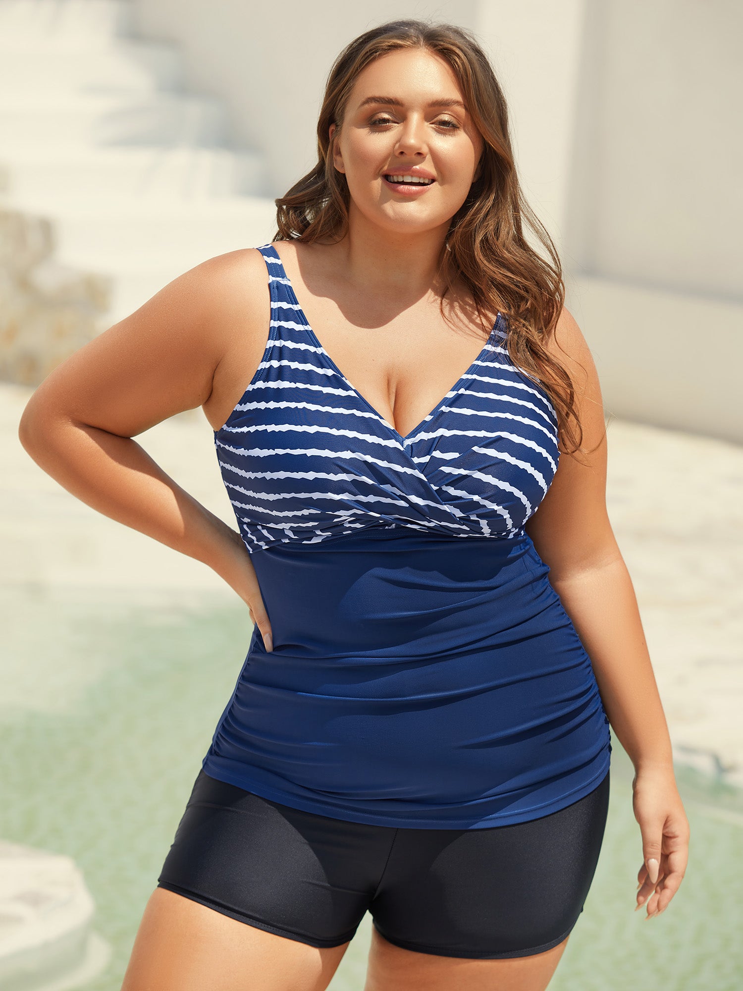 Stripes Spliced Ruched Swim Tankini