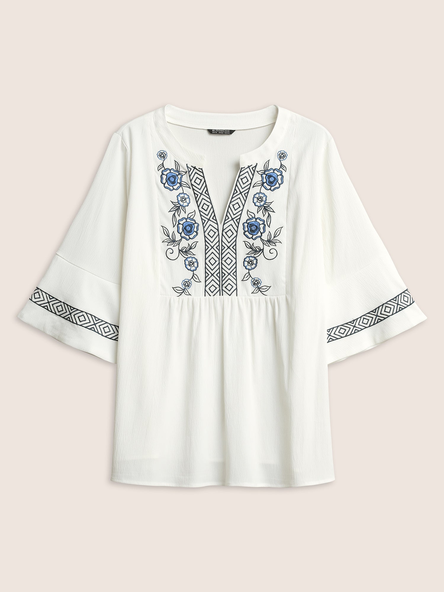 Boho Print Embroidered Gathered Notched Blouse