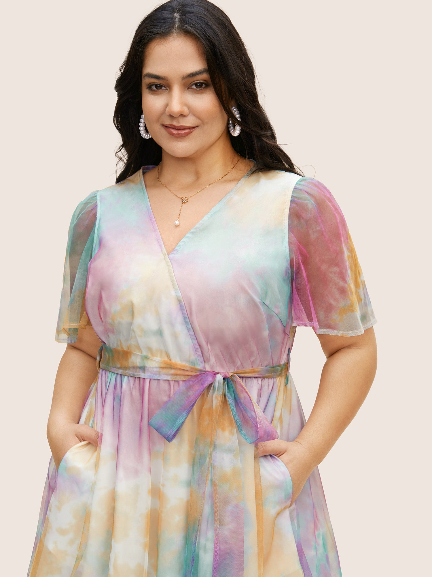 Tie Dye Wrap Belted Midi Dress
