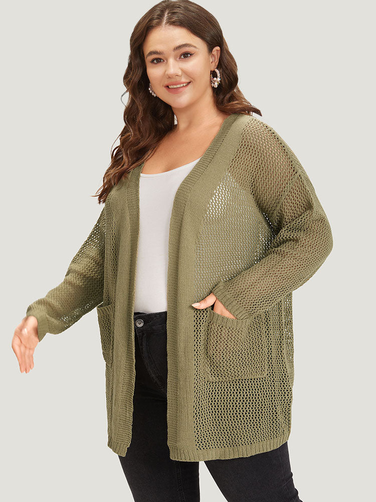 Solid Patched Pocket Open Front Patchwork Cardigan