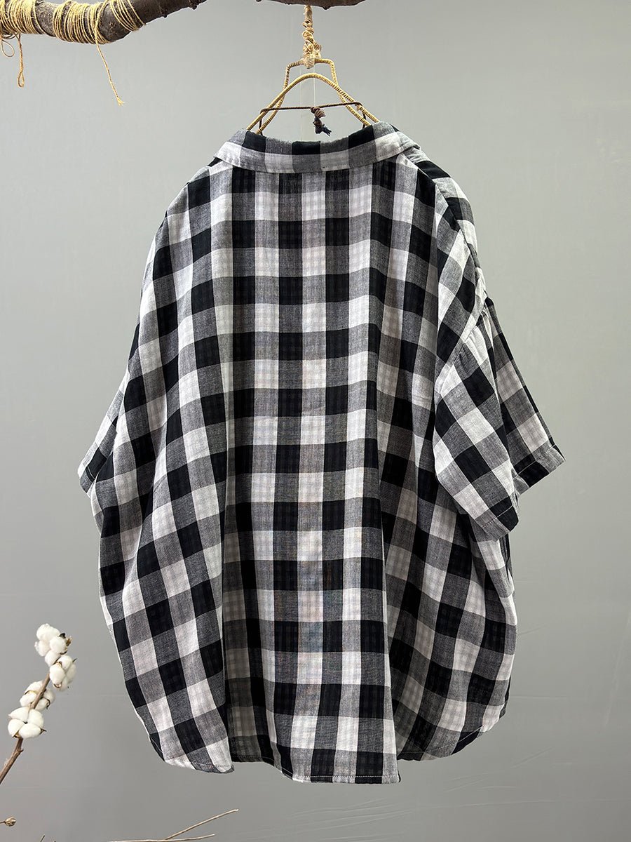 Women Summer Casual 100%Cotton Plaid Turn-down Collar Shirt