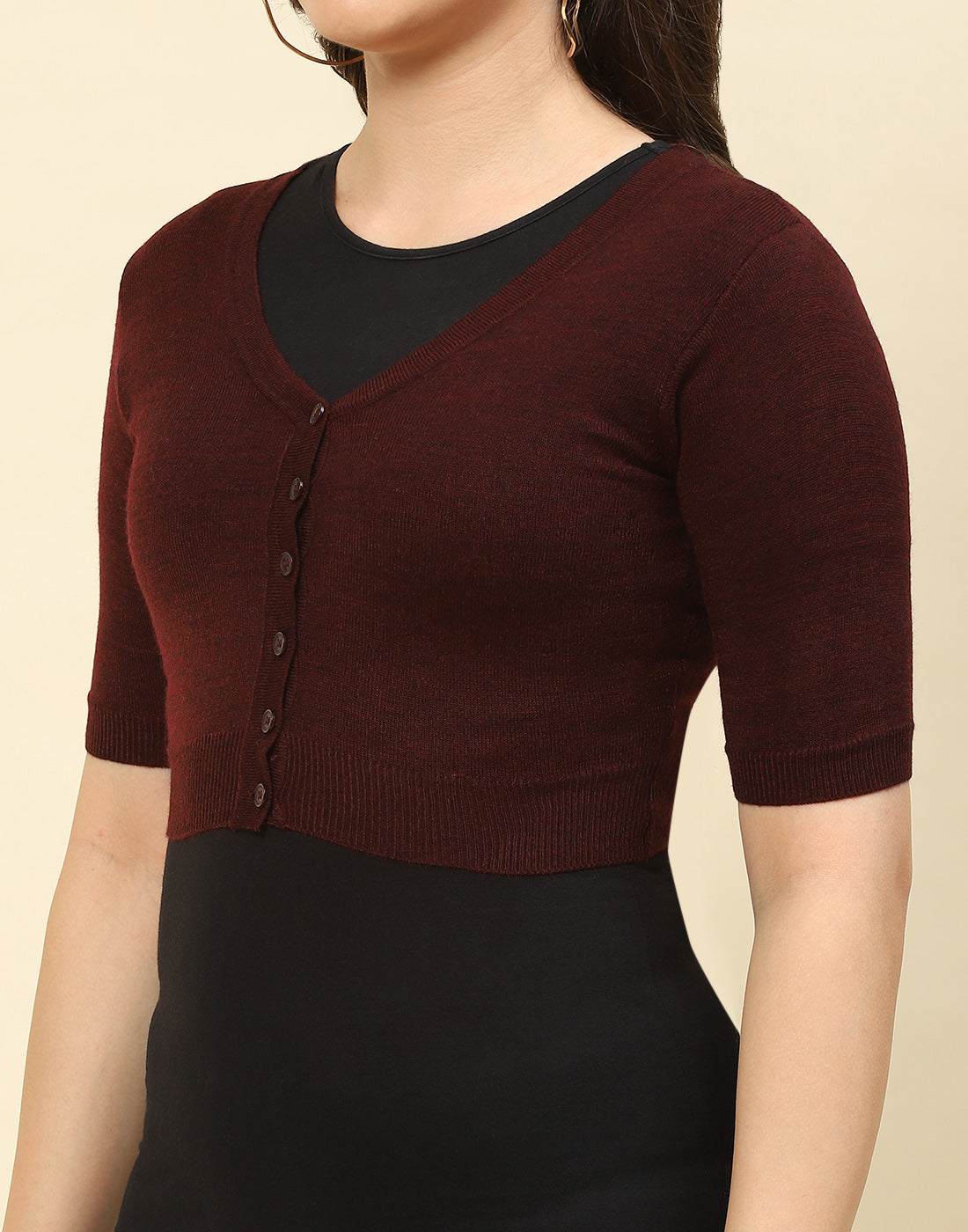 Women Maroon Solid V Neck Half Sleeve Blouse