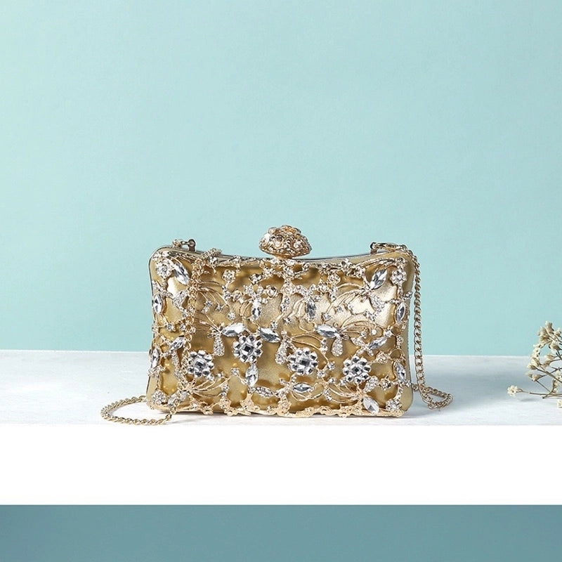 Black Gold Champagne Polyester Flower Rhinestone Pillow Shape Clutch Evening Bag