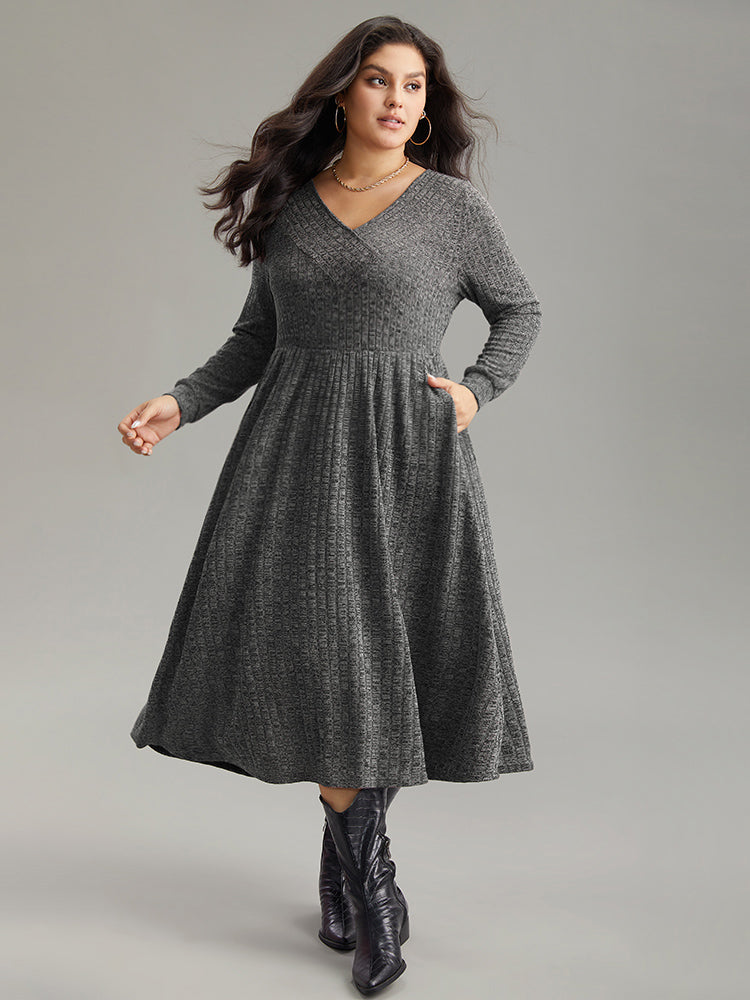 Rib Knit Plain Plisse Long Sleeve Dress