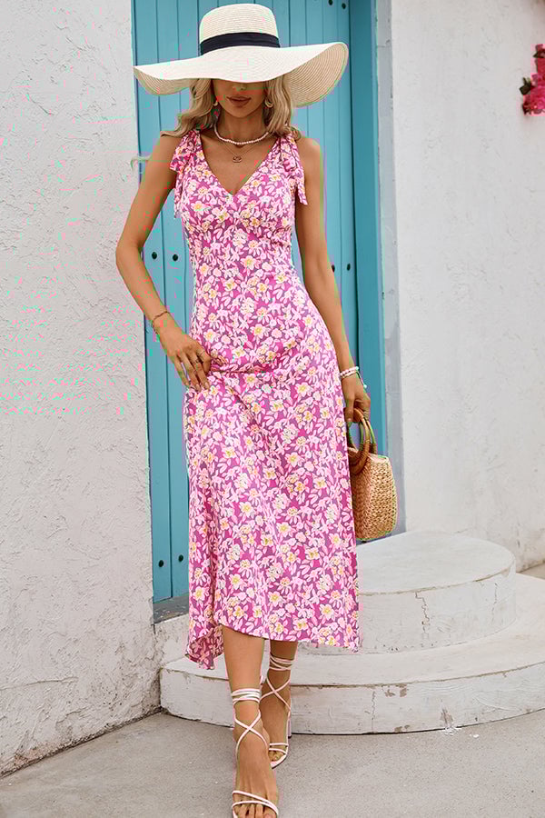 Fashion Tie Shoulder Floral Print Maxi Dress