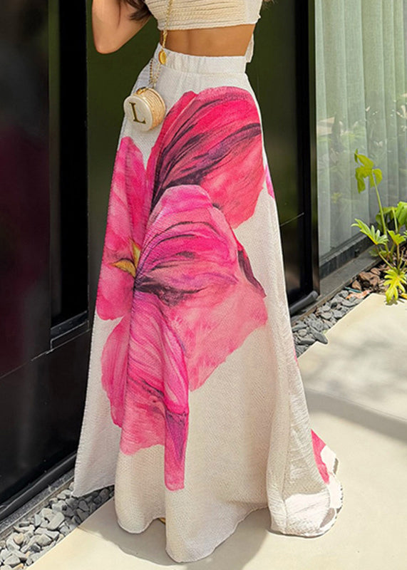 Stylish Pink Print Pockets High Waist Cotton Skirt Summer