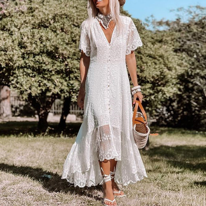 Boho Dress for Women|Bohemian Dress|Midi Boho Dress| Solid Short Sleeve Slim Bohemian Maxi DressV-neck Boho Sundress Vestidos|Wedding Guest Dress