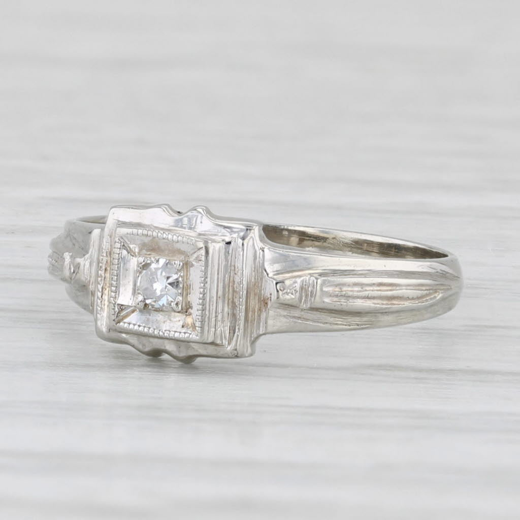 Small Vintage Diamond Solitaire Ring 14k White Gold 2.75 Baby Size