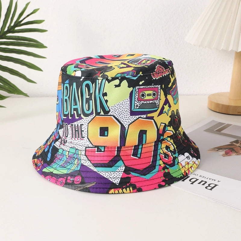 Unisex Casual Retro Artistic Letter Color Block Printing Curved Eaves Bucket Hat