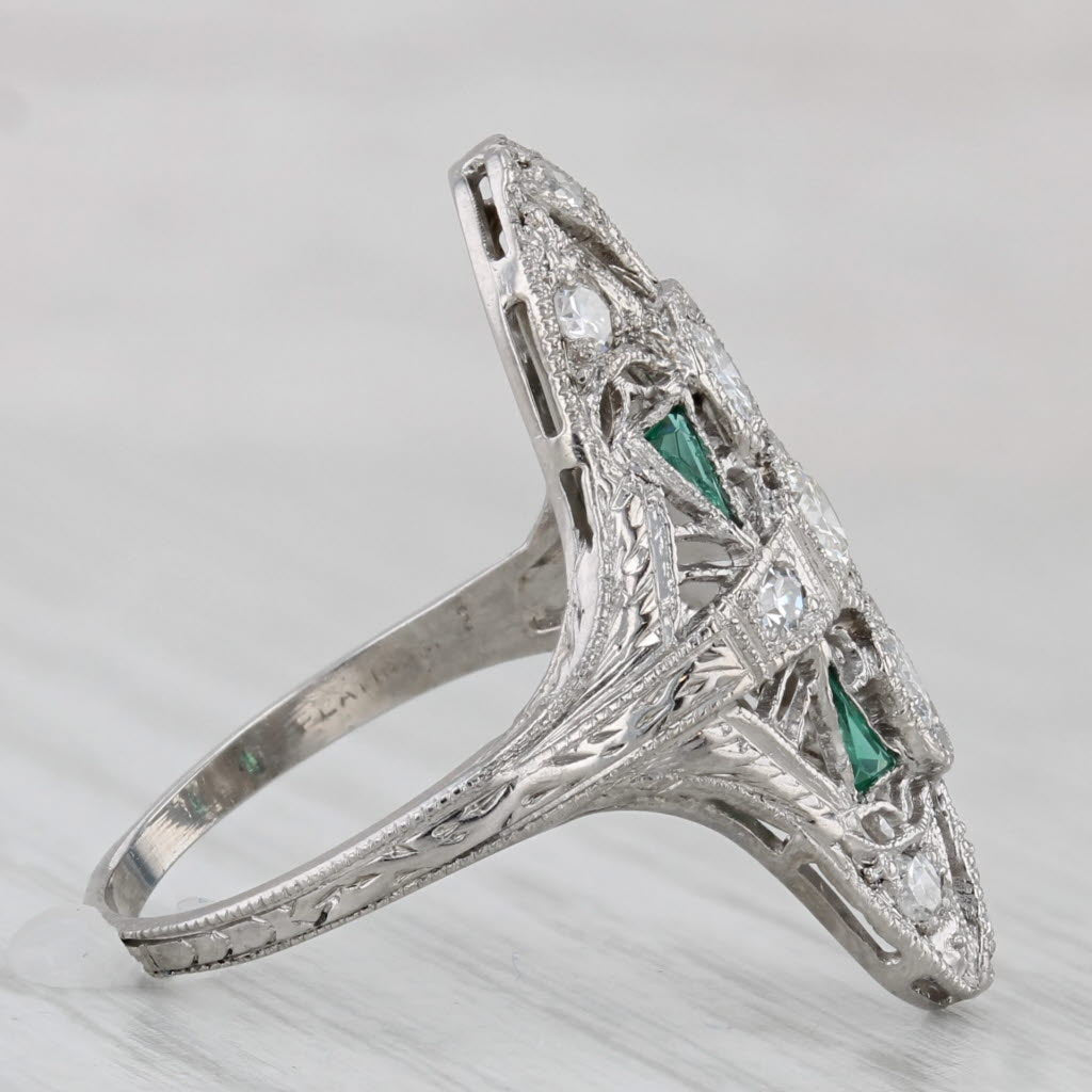 Art Deco 0.40ctw Diamond Lab Created Emerald Ring Platinum Filigree Size 6