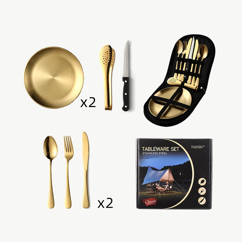 Outdoor Travel Stainless Steel Tableware Camping Picnic Barbecue Plate Clip Steak Knife. Fork And Spoon Suit Portable Storage Bag