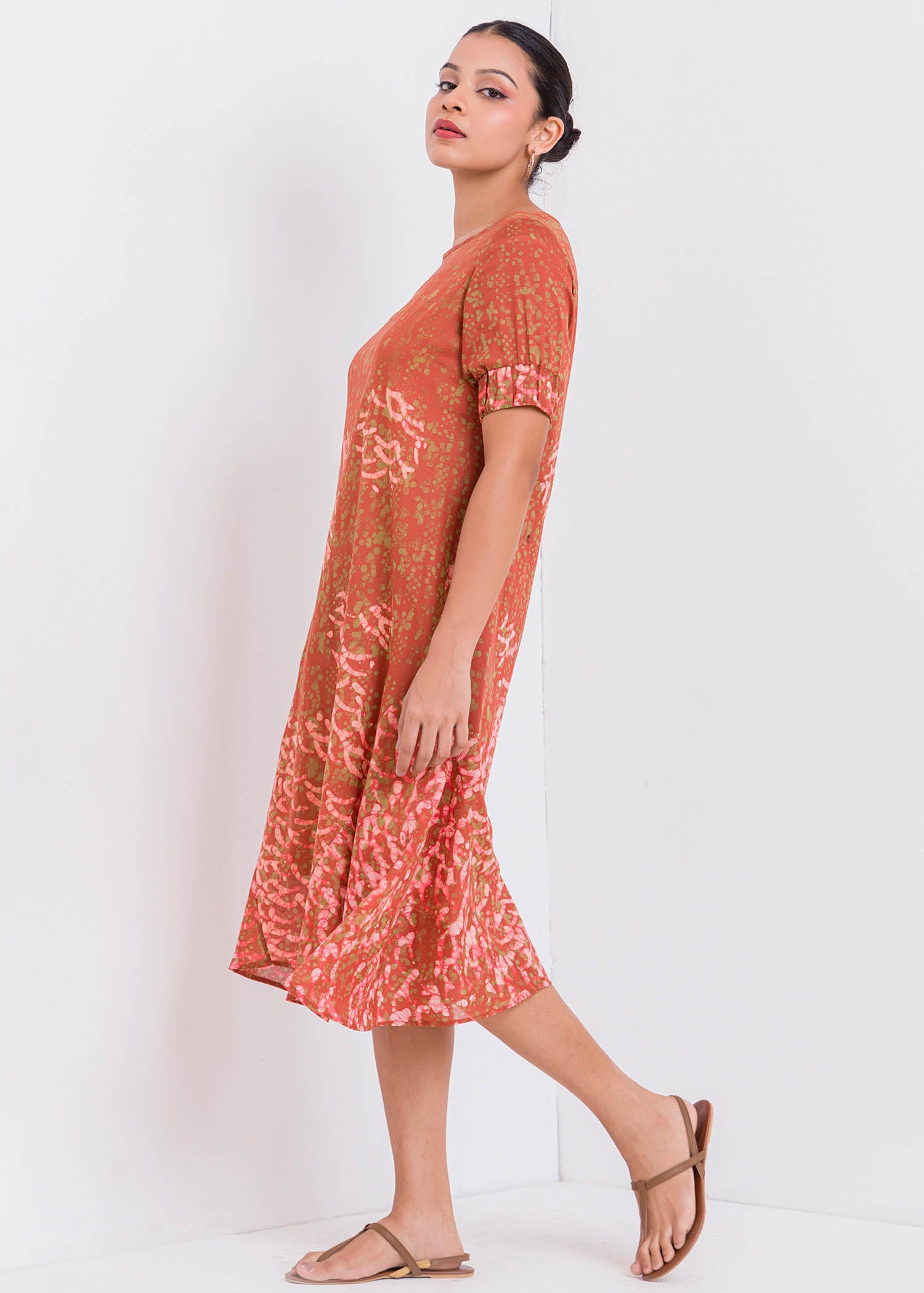 Batik Puff Sleeved Round Neck Dress