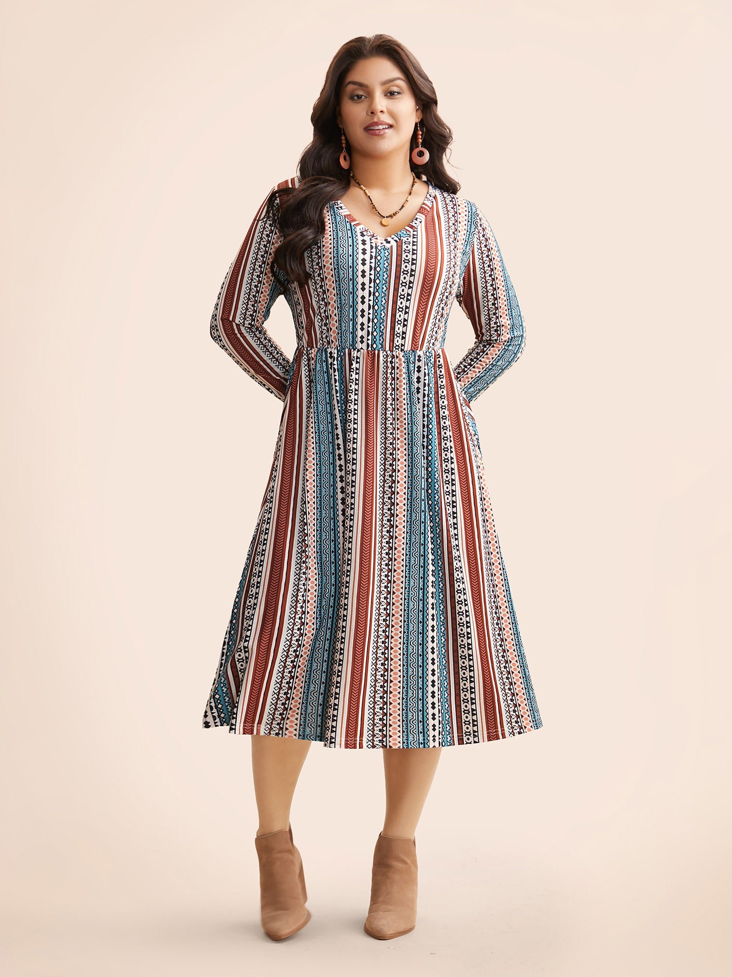 Bandana Striped V Neck Midi Dress