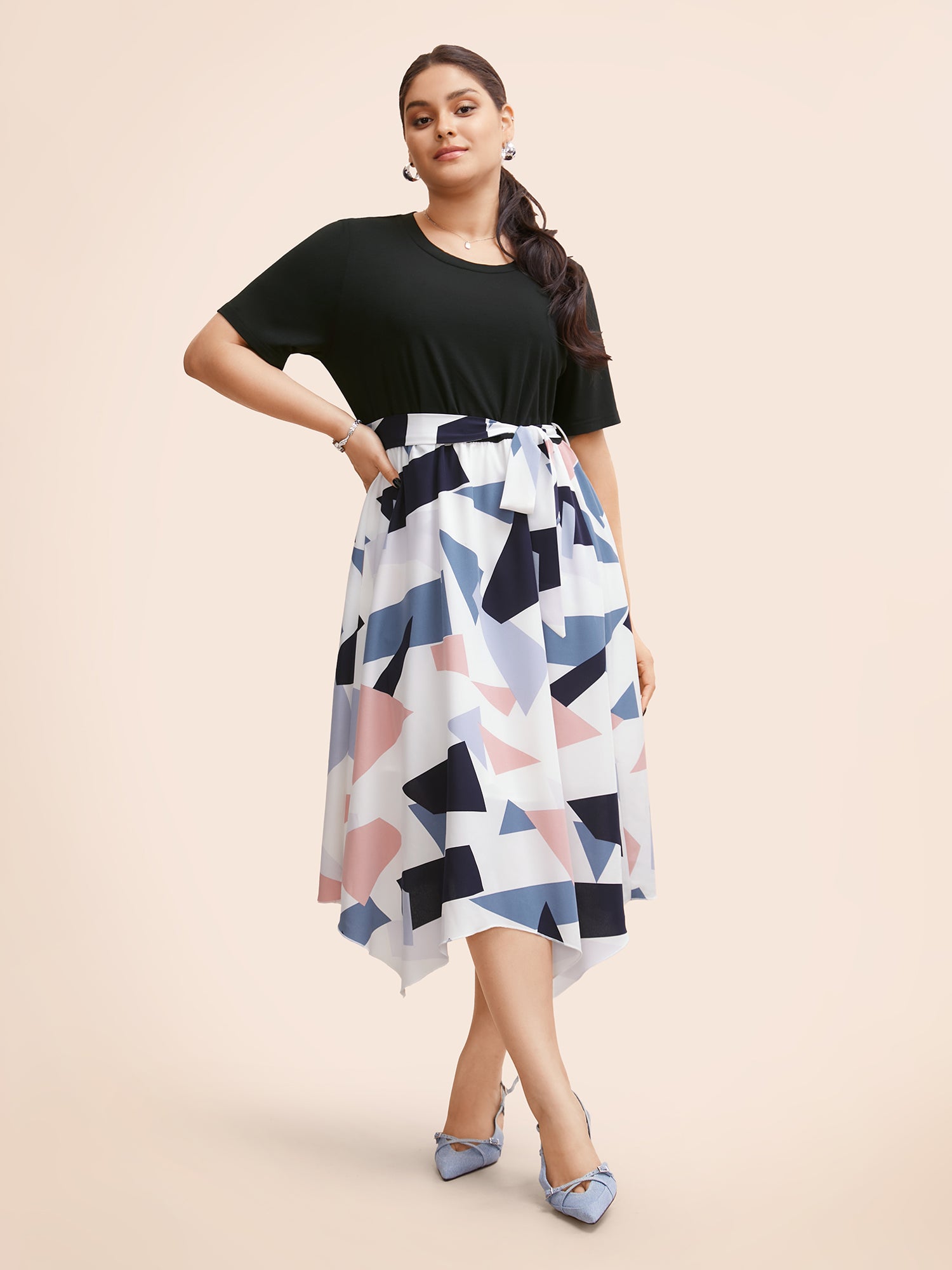 Geometric Patchwork Asymmetrical Hem Midi Dress