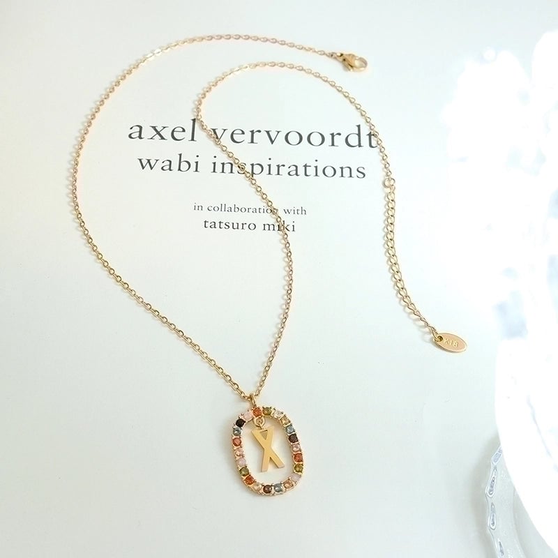 INS Style Letter Oval Titanium Steel Zircon 18K Gold Plated Inlay Necklace
