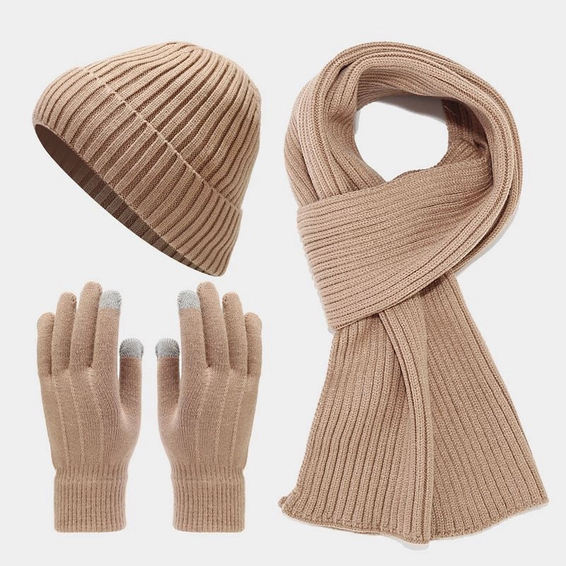 Autumn And Winter New Fleece-lined Warm Men's Hat Scarf Gloves Cold-proof Suit Women's Trendy Thickened Knitted Three-piece Set