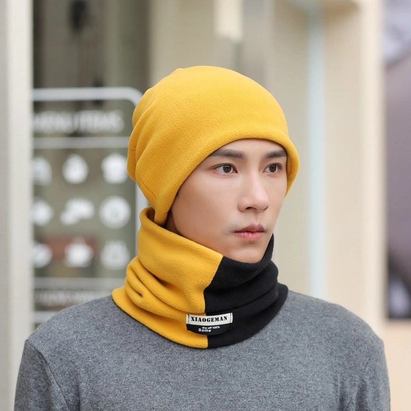 Two-piece Men's Scarf Winter  Simple Men's And Women's Winter Warm Hat Thickened Scarf Cover Student Head Collar