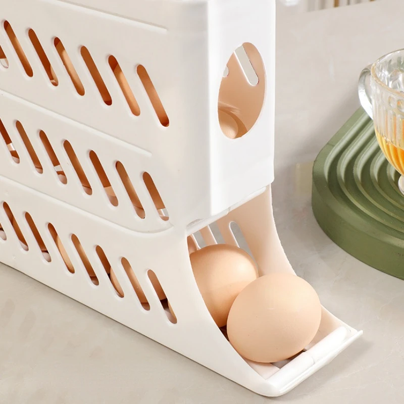 FF2324 4 Layer Rolling Egg Dispenser Kitchen Automatic Fridge Egg Roller Save Space Storage Rack Egg Holder for Refrigerator