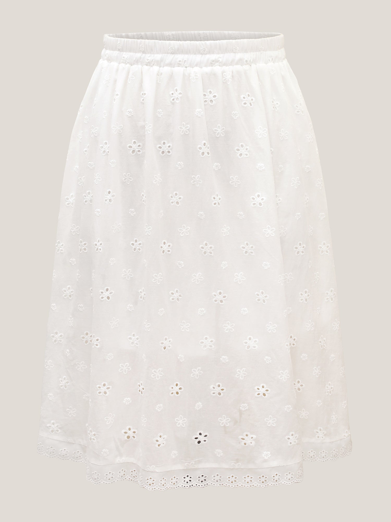 Cotton Eyelet Trim Solid Lined Midi Skirt