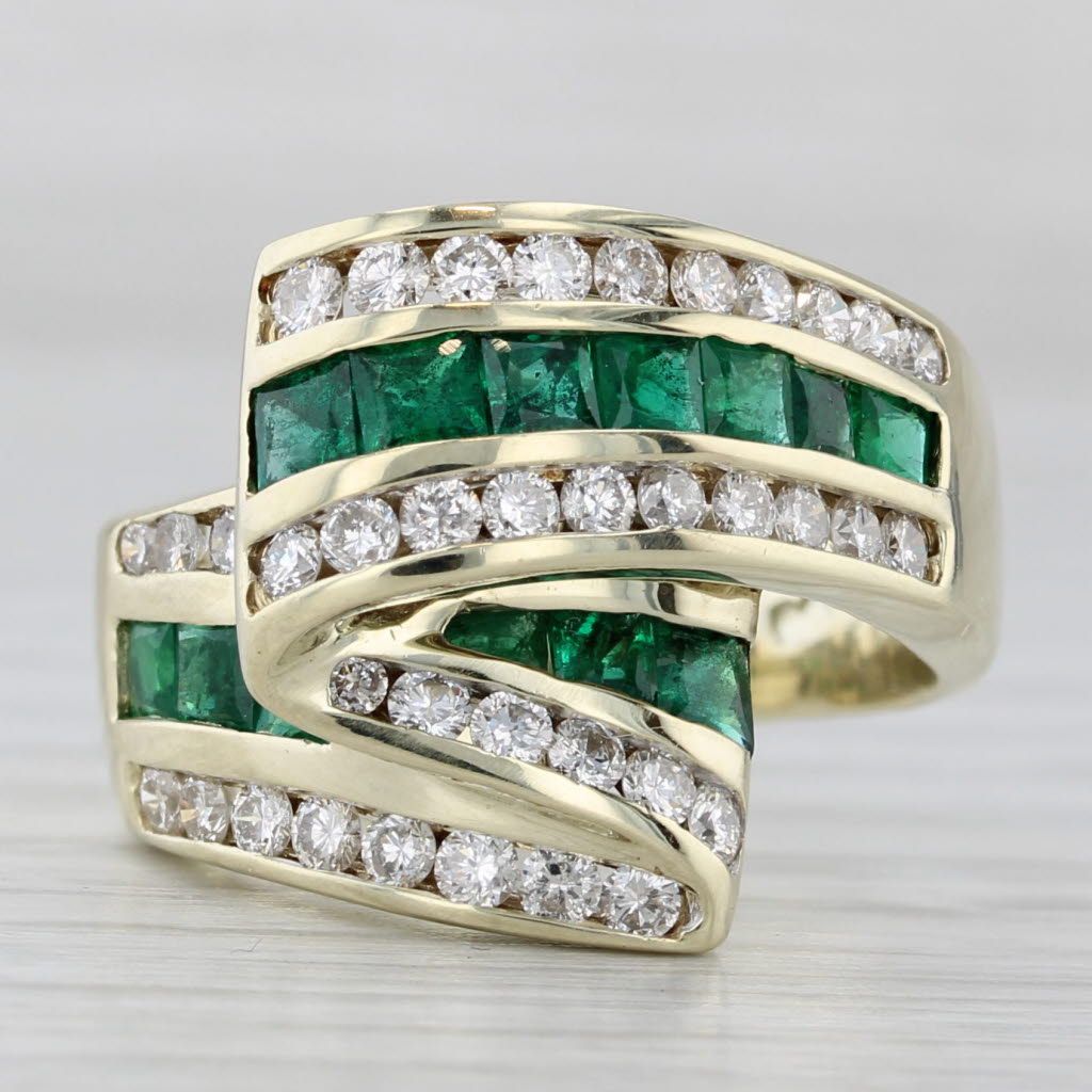 2.39ctw Emerald Diamond Bypass Cocktail Ring 14k Yellow Gold Size 6