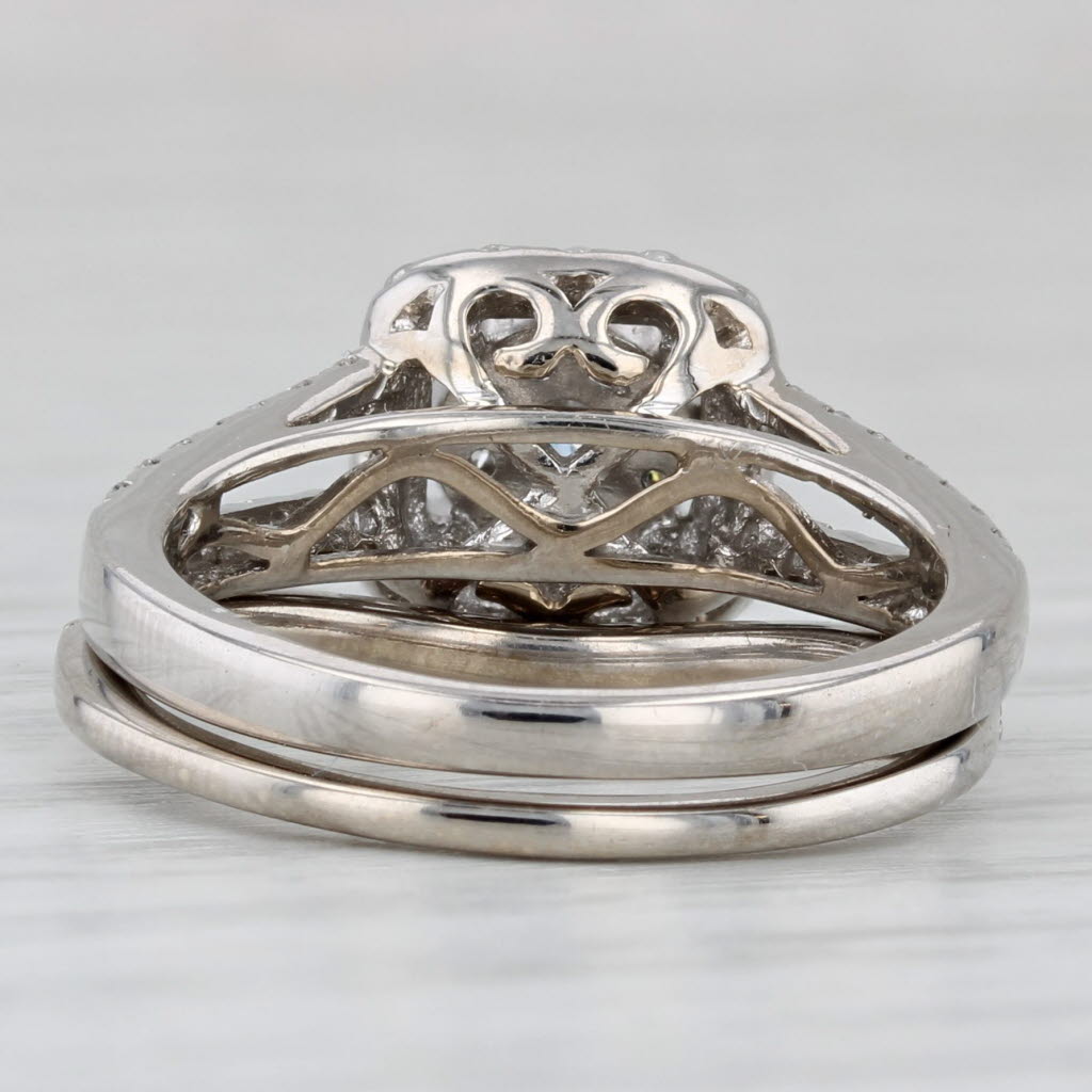 0.85ctw Diamond Halo Engagement Ring Wedding Band Bridal Set 14k White Gold Sz 6