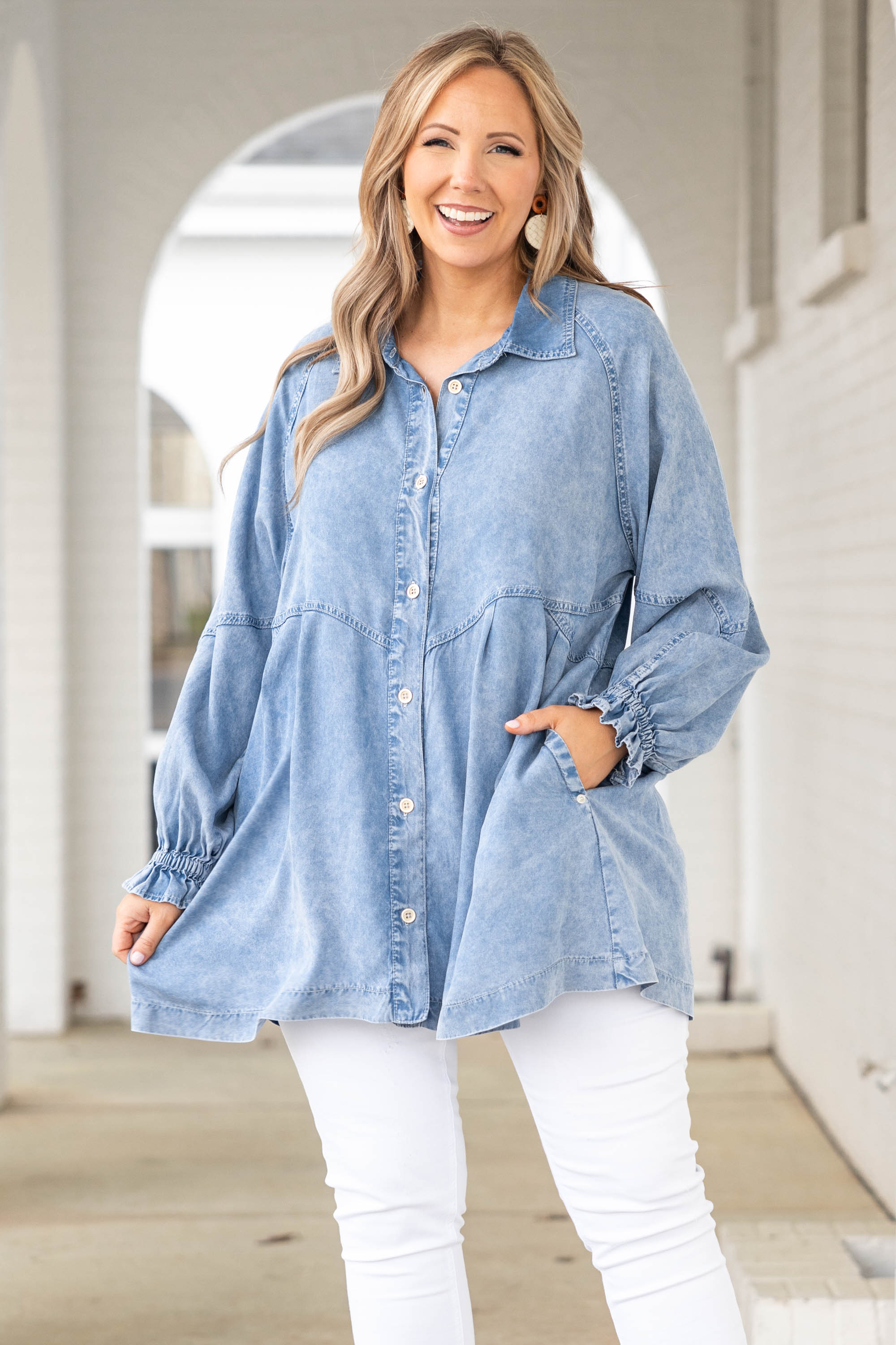 Chambray Chic Top. Acid Wash