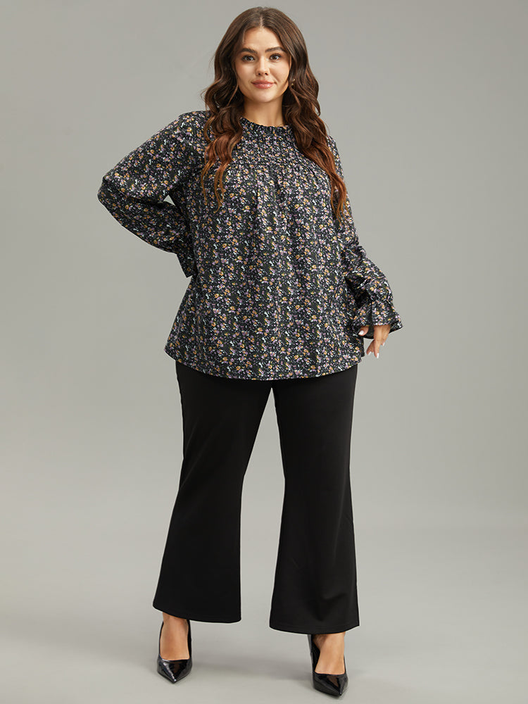 Ditsy Floral Stand Collar Pleated Blouse