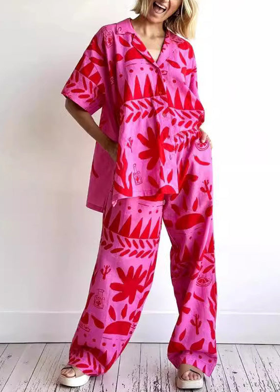 Plus Size Rose Print Shirts And Wide Leg Pants Two Pieces Set Short Sleeve