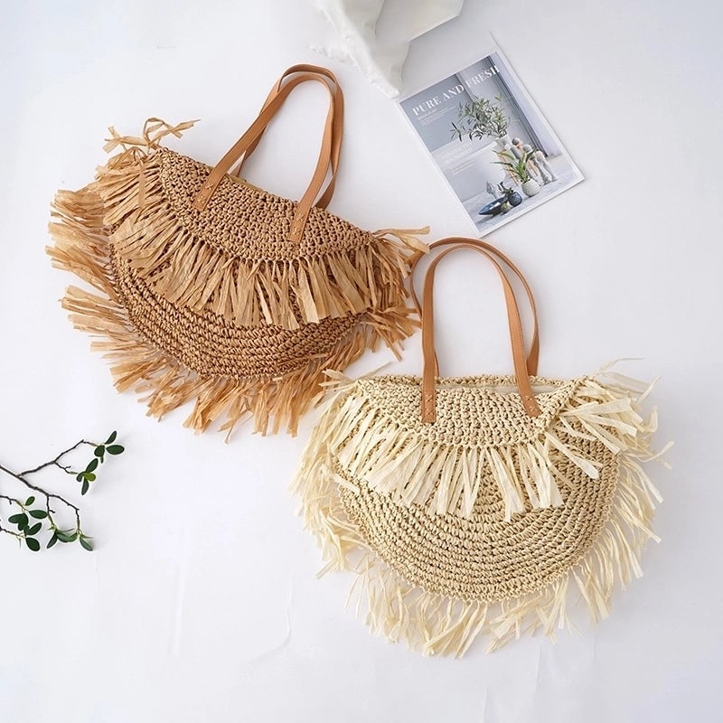 Women's Large Straw Solid Color Vacation Beach Weave Semicircle Zipper Straw Bag
