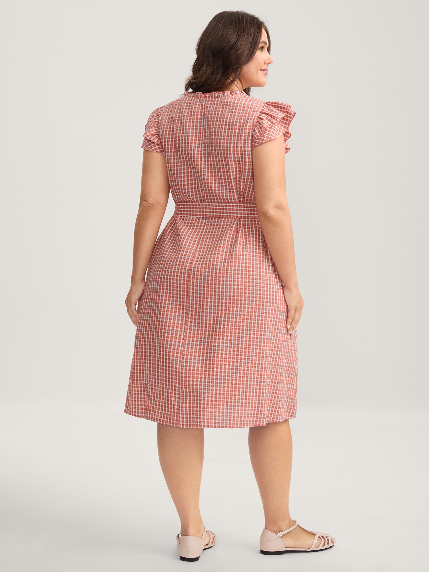 Gingham Print Belted Flutter Sleeve Midi Dress