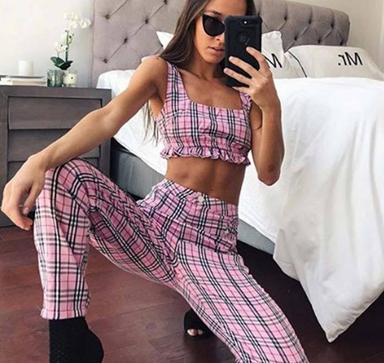 Pink Plaid Crop Top & Trousers Set