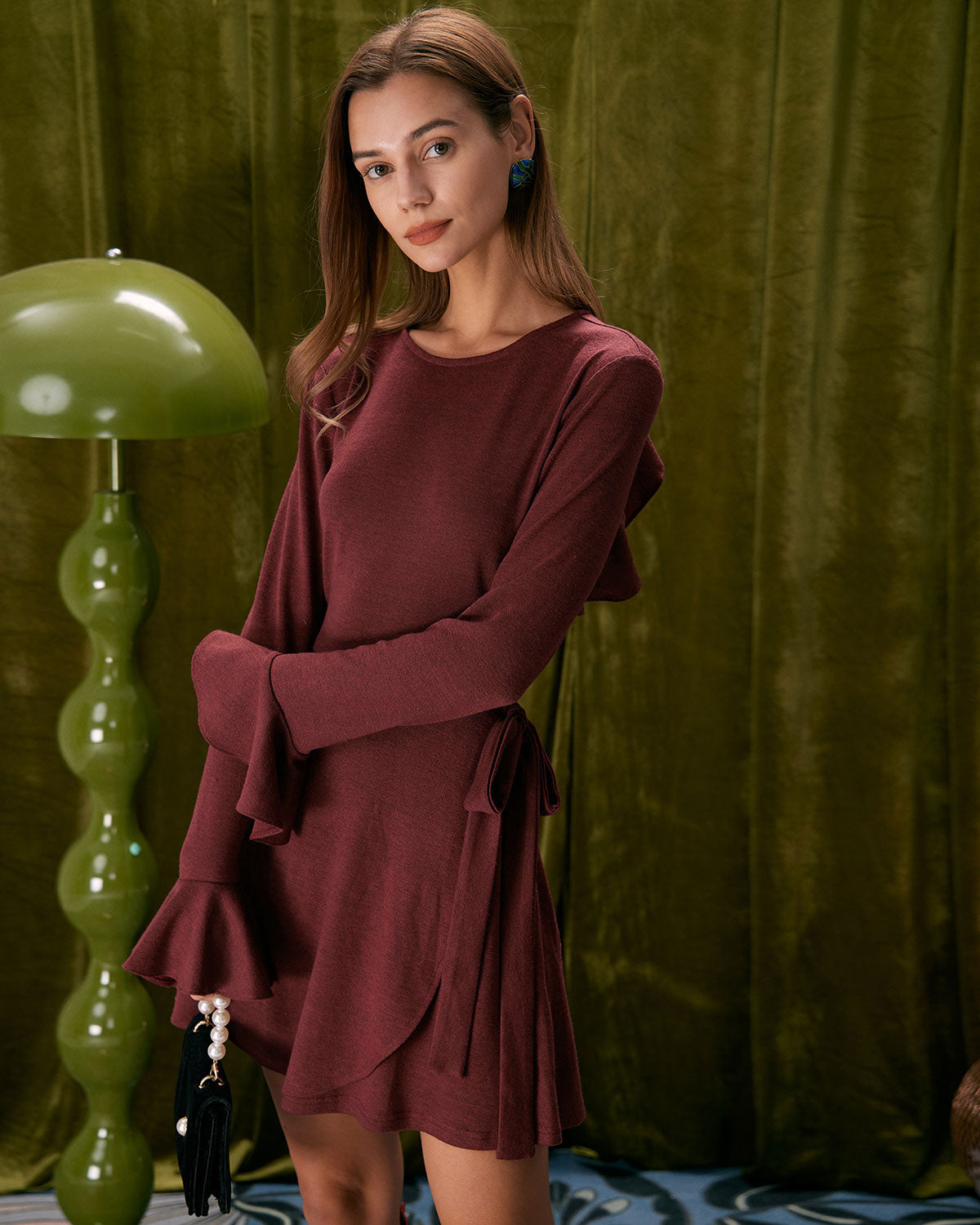 The Wine Red Ruffle Flare Sleeve Mini Dress