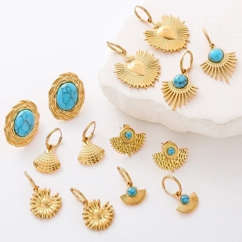 1 Pair Commute Solid Color Plating Inlay 304 Stainless Steel Turquoise 18K Gold Plated Earrings Ear Studs