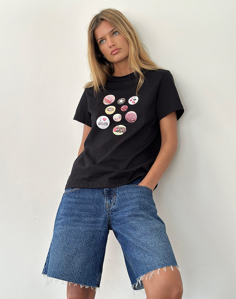 Saki Tee in Black with Badges Graphic