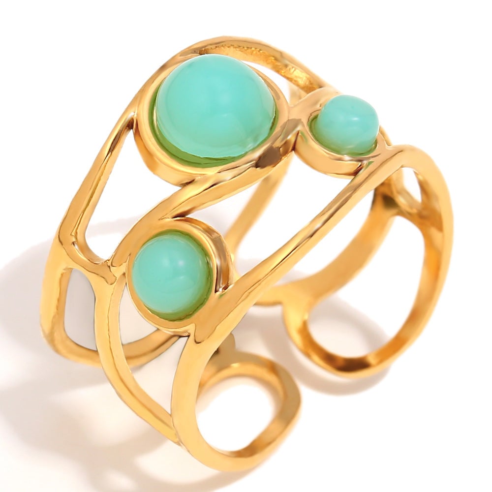 Retro Fashion Hand Jewelry Stainless Steel Plated 18K Gold Starfish Shell Gemstone Love Heart Open Ring