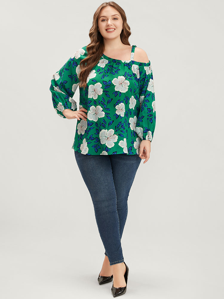 Floral Lantern Sleeve Adjustable Straps One Shoulder Blouse