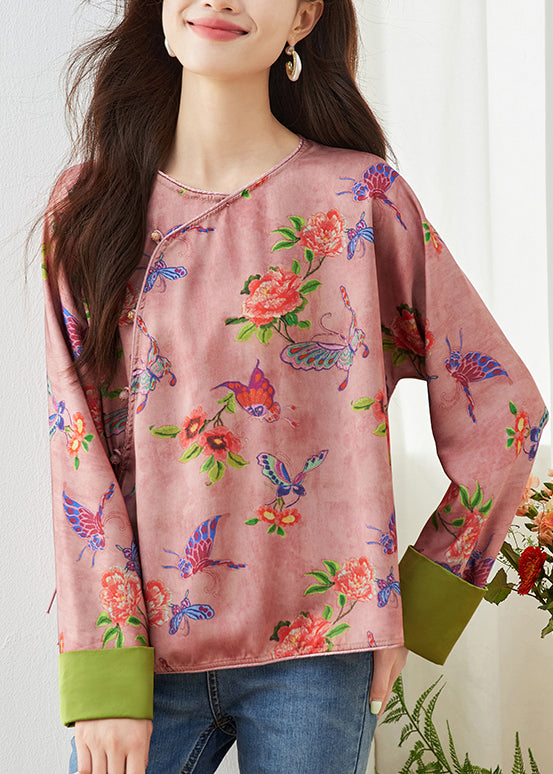 Vintage Plus Size Pink O Neck Print Shirt Top Spring