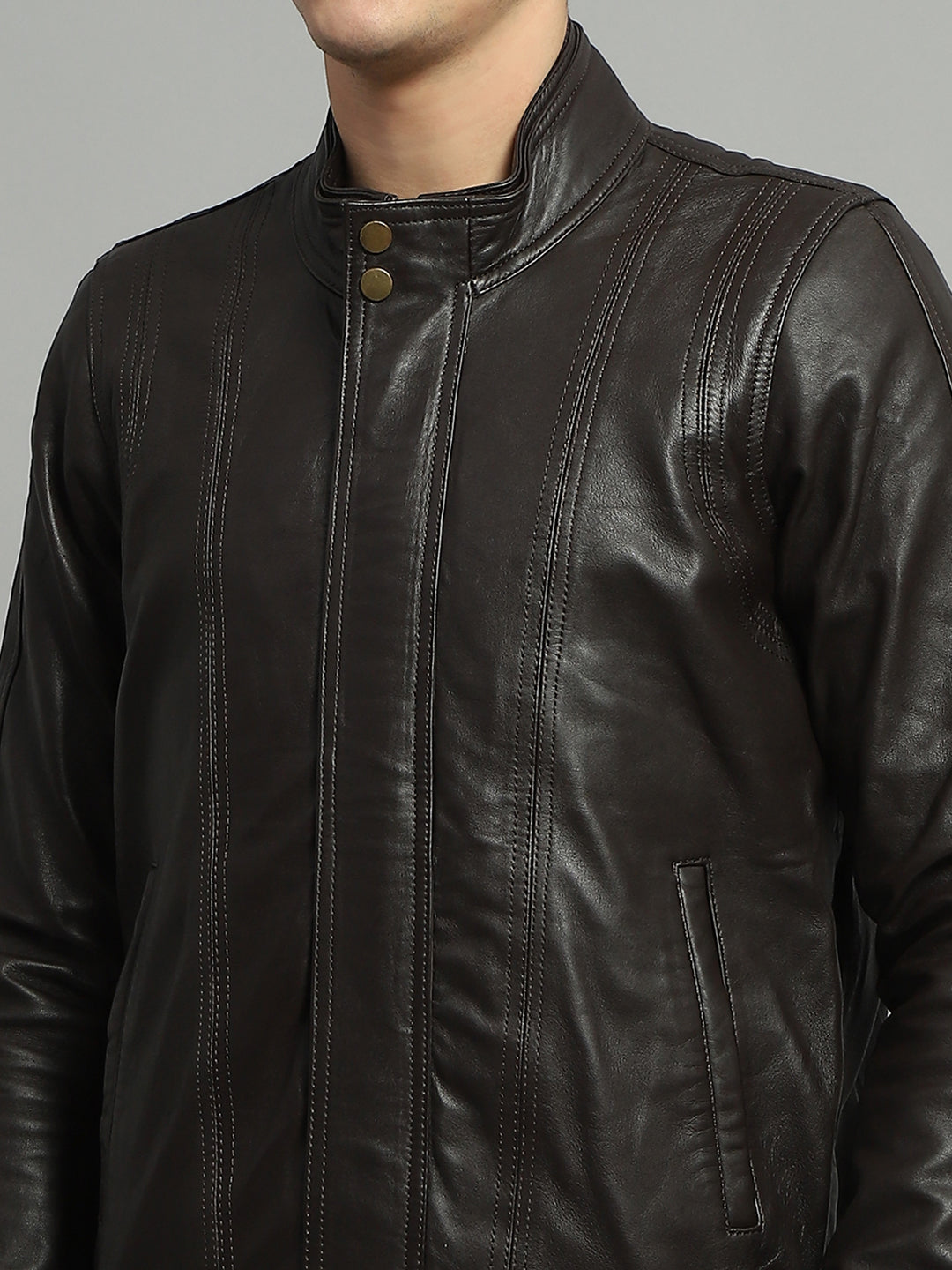 Men Brown Solid Mock Neck Full Sleeve Jacket