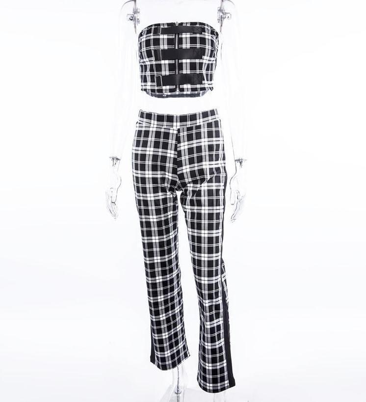 Plaid Two Piece Tube Top Trouser Set