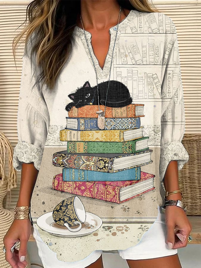 Women's Cat Tea Book Print Cotton and Linen Top
