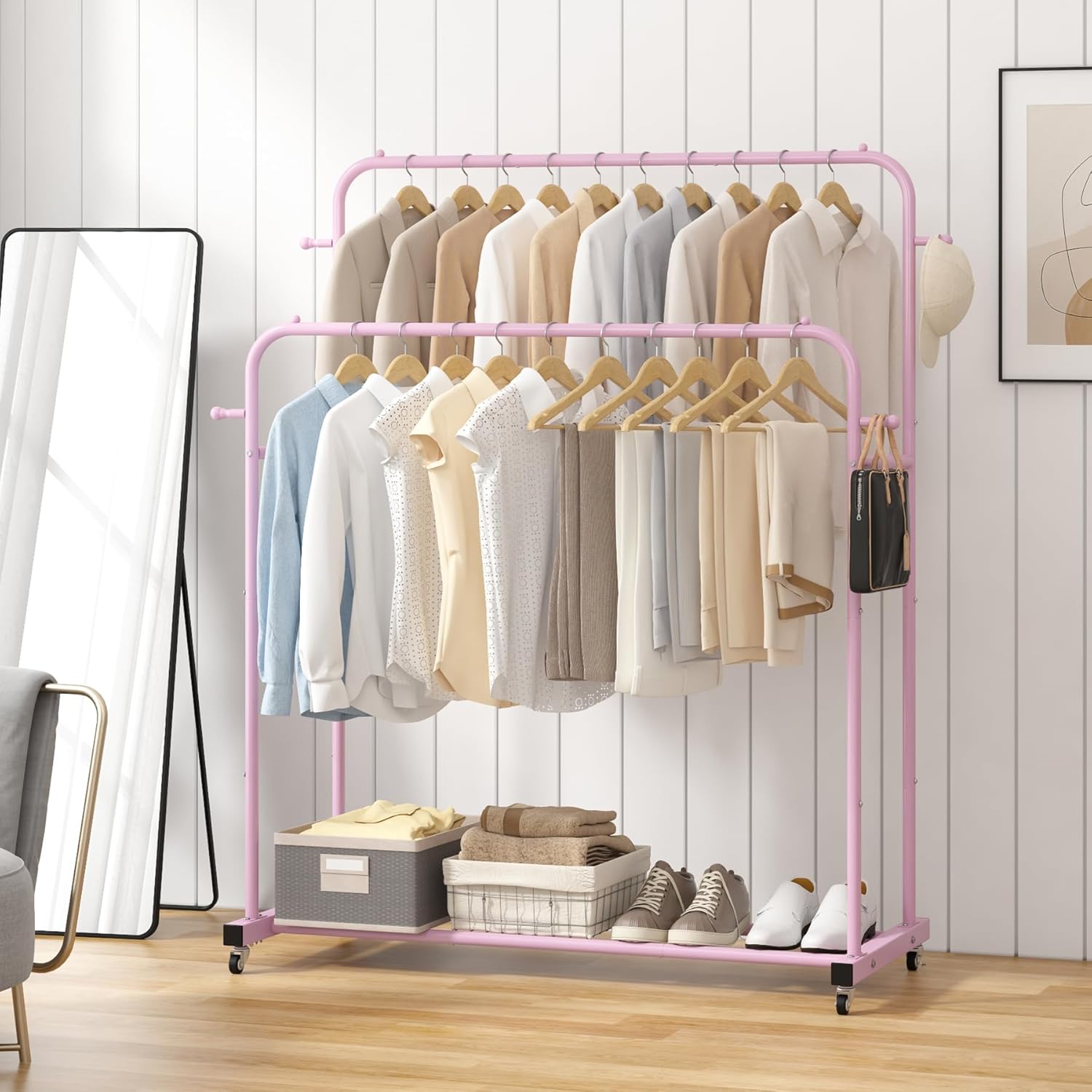 Laiensia Double Rods Garment Rack with Wheels, Clothing Rack for Hanging Clothes,4 Hooks, Multi-functional Bedroom Clothes Rack, Black