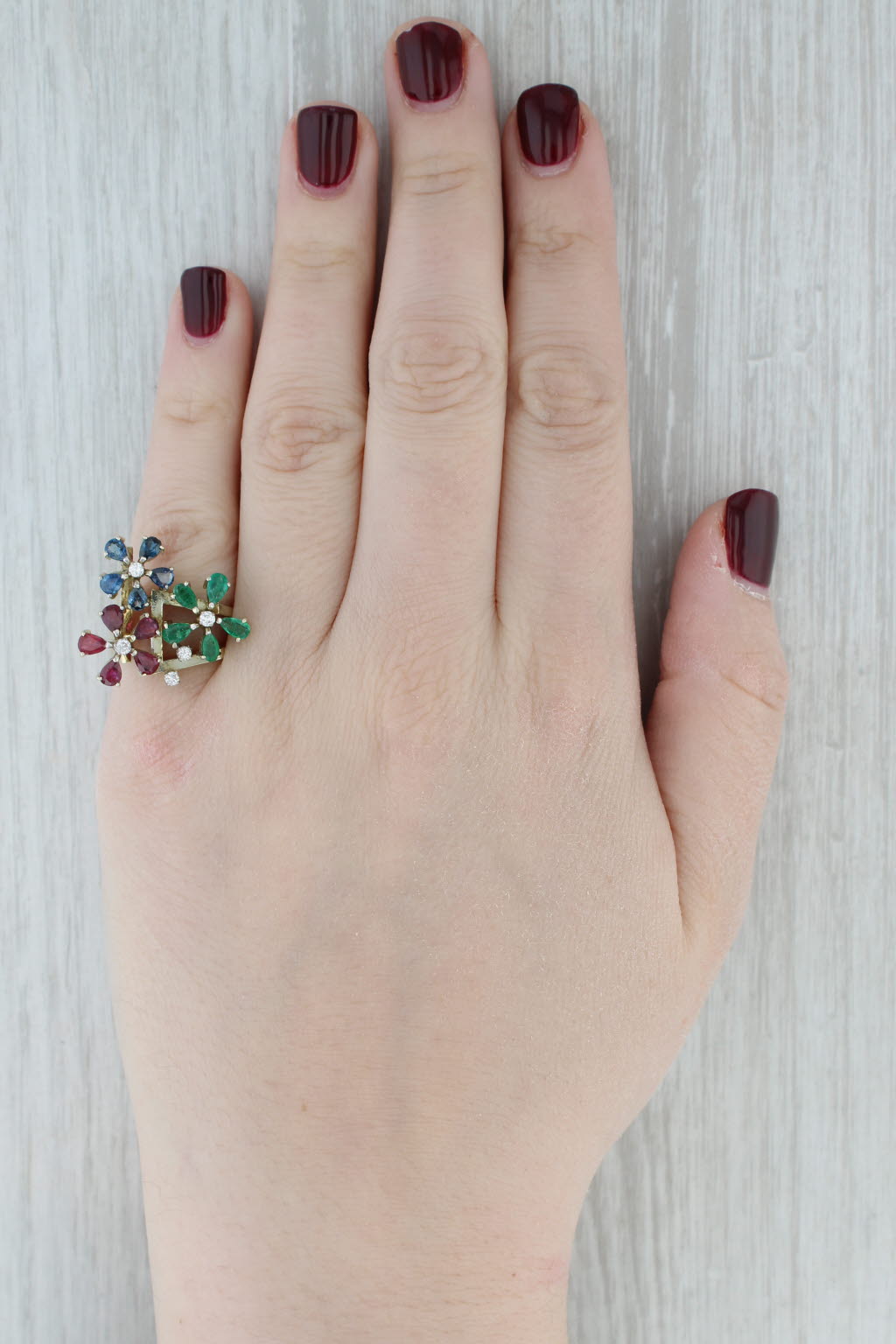 3.09ctw Gemstone Flower Ring 14k Gold Emerald Ruby Sapphire Diamond Size 6.5