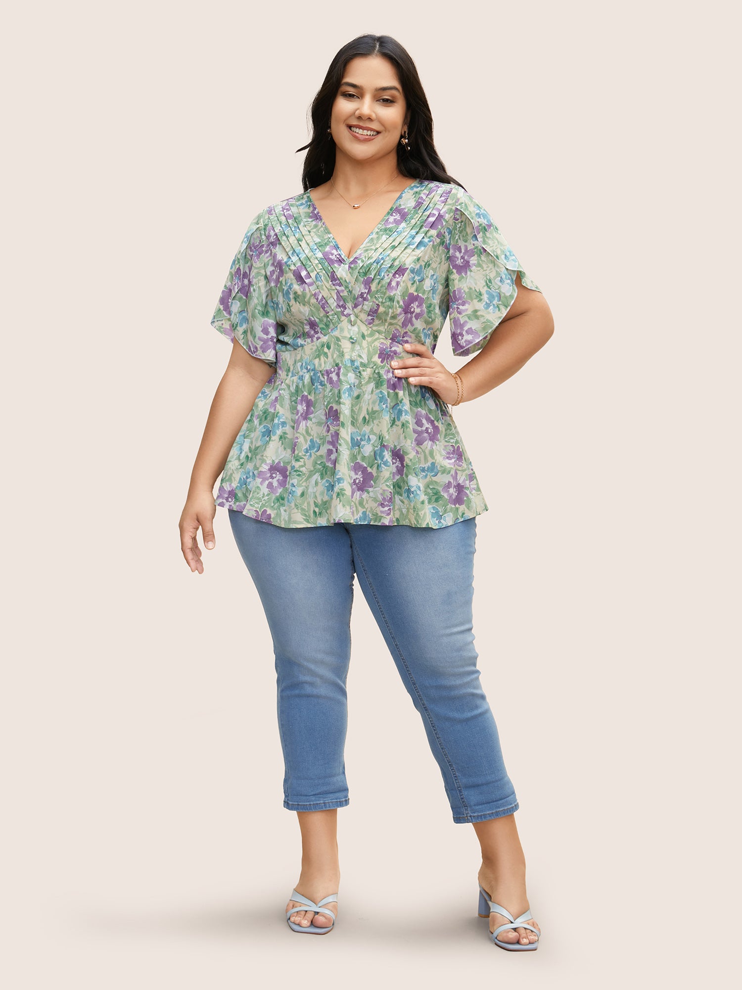 V Neck Floral Petal Sleeve Pleated Blouse