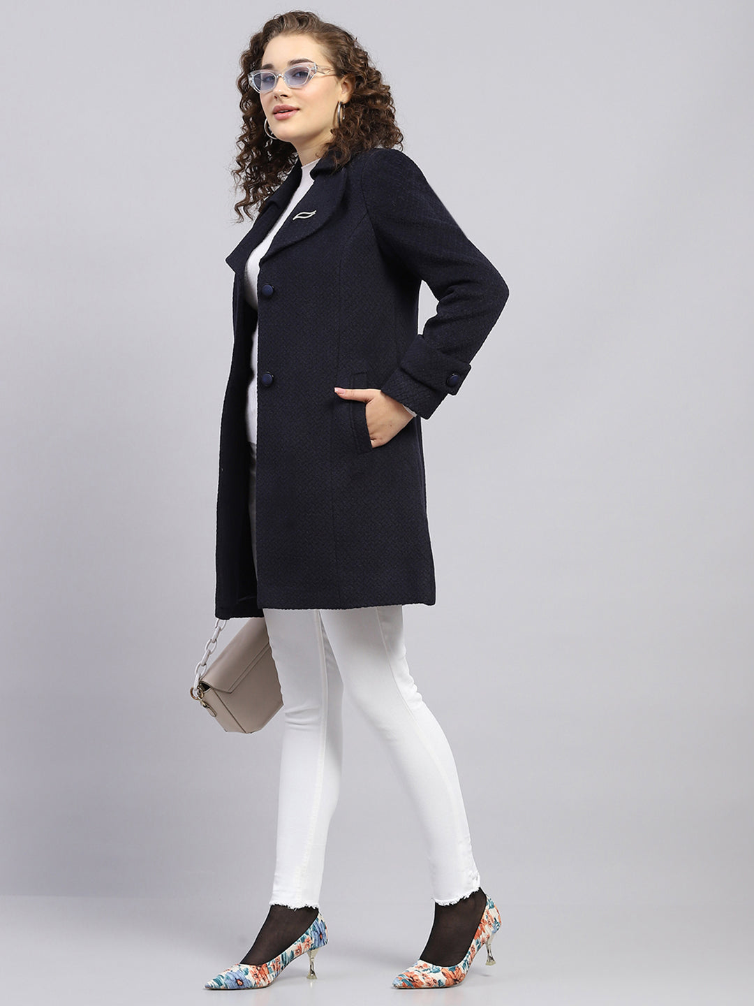 Women Navy Blue Self Design Notch lapel Collar Full Sleeve Coat