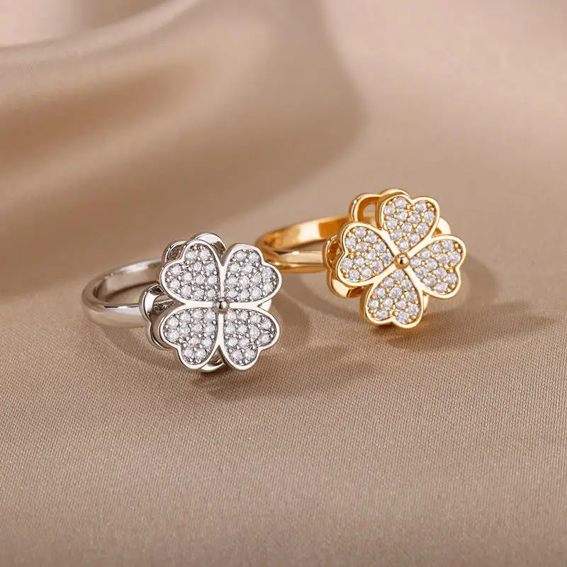 New Zircon Rotatable Four Leaf Clover Anxiety Rings For Women Anti-stress Fidget Spinner Adjustable Ring Aesthetic Jewelry Gift