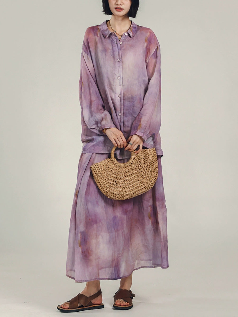 Women Summer Artsy Tie-dye Turn-down Collar 100%Ramie Shirt