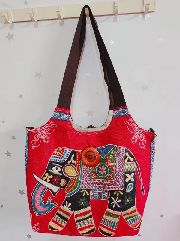 Women's Large Canvas Elephant Ethnic Style Square Zipper Shoulder Bag